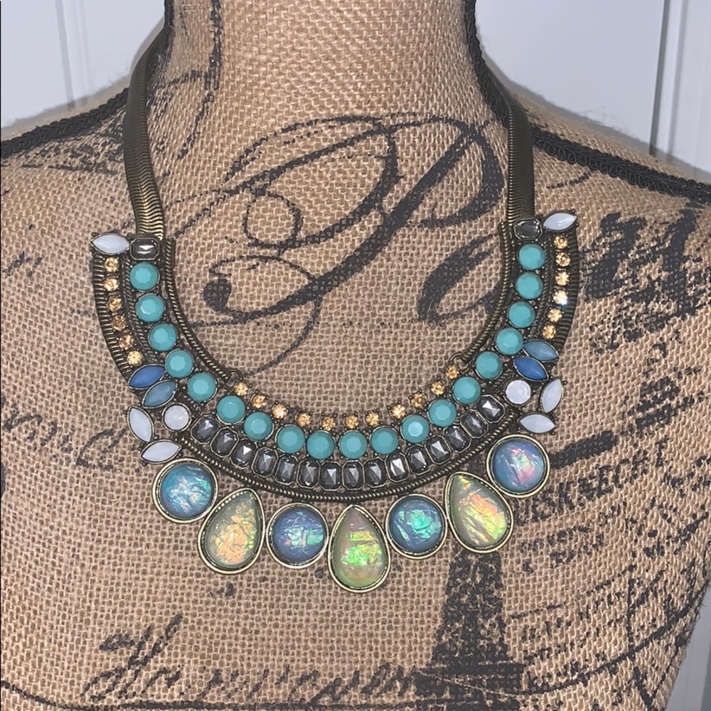 Blue/green statement bib style necklace